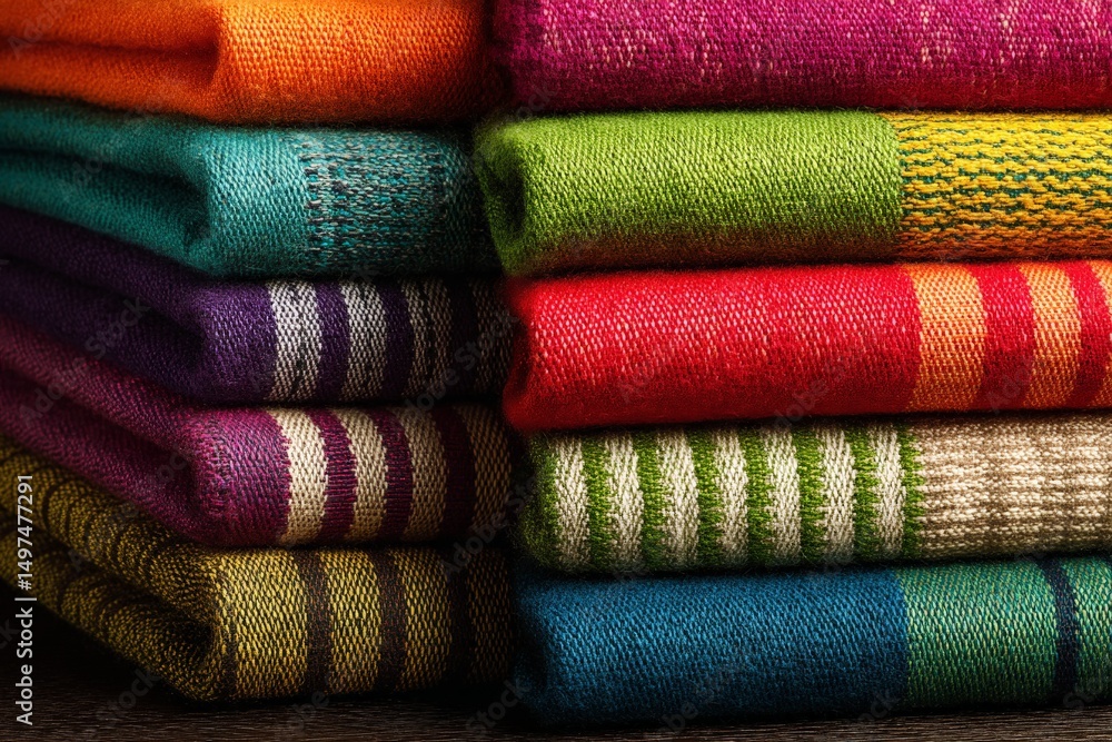 Poster colorful stack of neatly folded textiles showcasing vibrant hues in a textile shop
