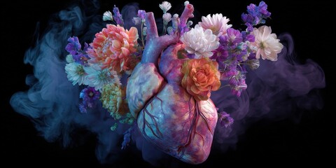 Artistic Heart Composition with Vibrant Flowers and Ethereal Smoke on Dark Background