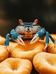 Vibrant Blue Crab on Golden Mushrooms A Stunning Macro Photograph