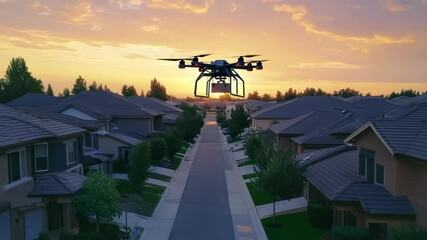 Drone delivering package over residential neighborhood at sunset showcasing innovative delivery system - Powered by Adobe