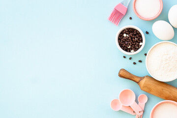 Food baking background at blue flat lay.