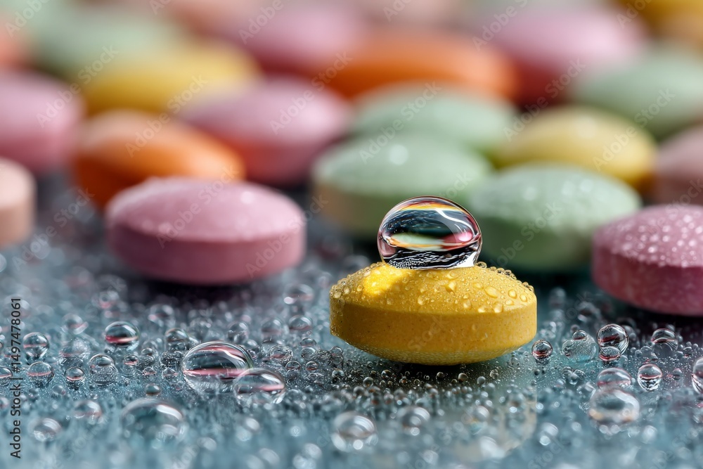 Poster colorful pills with water droplets on a surface create an interesting and vibrant composition during