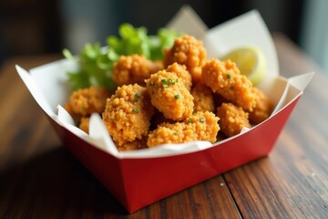 Crispy orange chicken takeout container, smartphone displaying app, chicken, dinner, asian