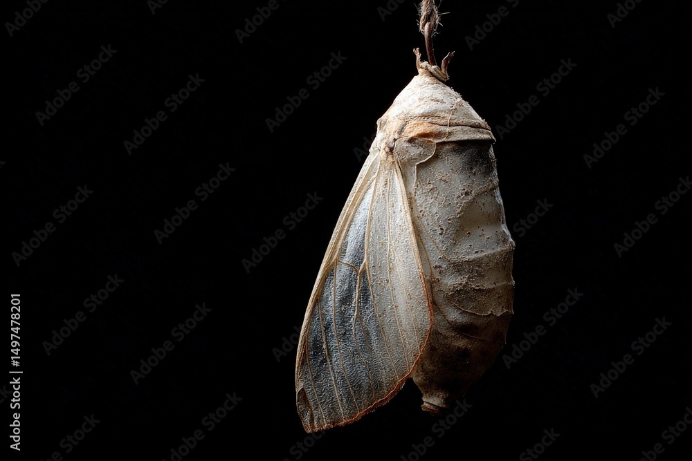 Poster moth emerging from cocoon in a dark setting showcasing transformation and nature's beauty