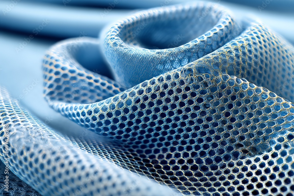 Poster delicate blue mesh fabric rolls elegantly on a smooth surface in a well-lit setting