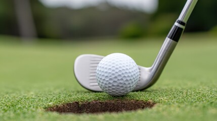 Golf ball near hole with club, ready to be putted into hole on the green.