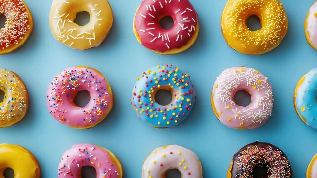 Assorted bright donuts with colorful icing and sprinkles arranged in rows on a vibrant blue background, creating a fun and appetizing look.