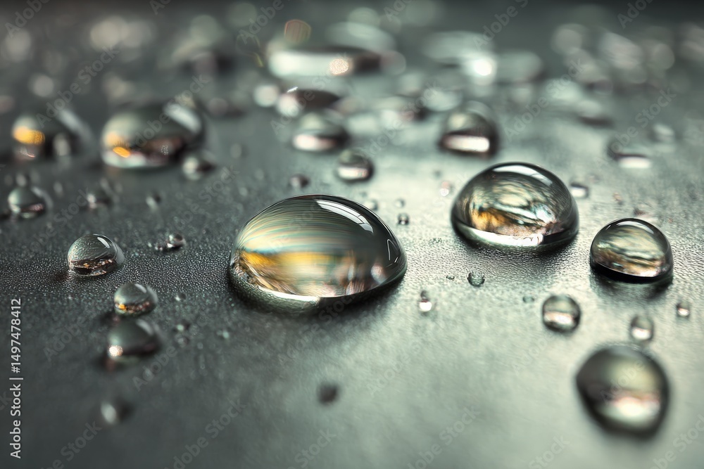 Poster Close-up of water droplets reflecting light on a smooth surface in a serene environment after rainfall