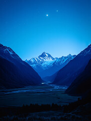 Majestic Night Scene Mountains Under a Starlit Blue Sky