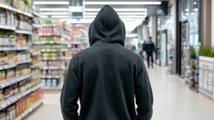 Person in black hoodie walks down grocery aisle, back to camera, in a large store.