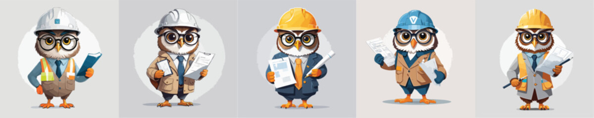 Cartoon Owl Architect Character Holding Blueprints and Wearing Safety Helmet – Flat Vector Illustration