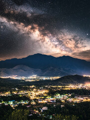 Milky Way Galaxy Over Mountain Town Night Landscape Astrophotography