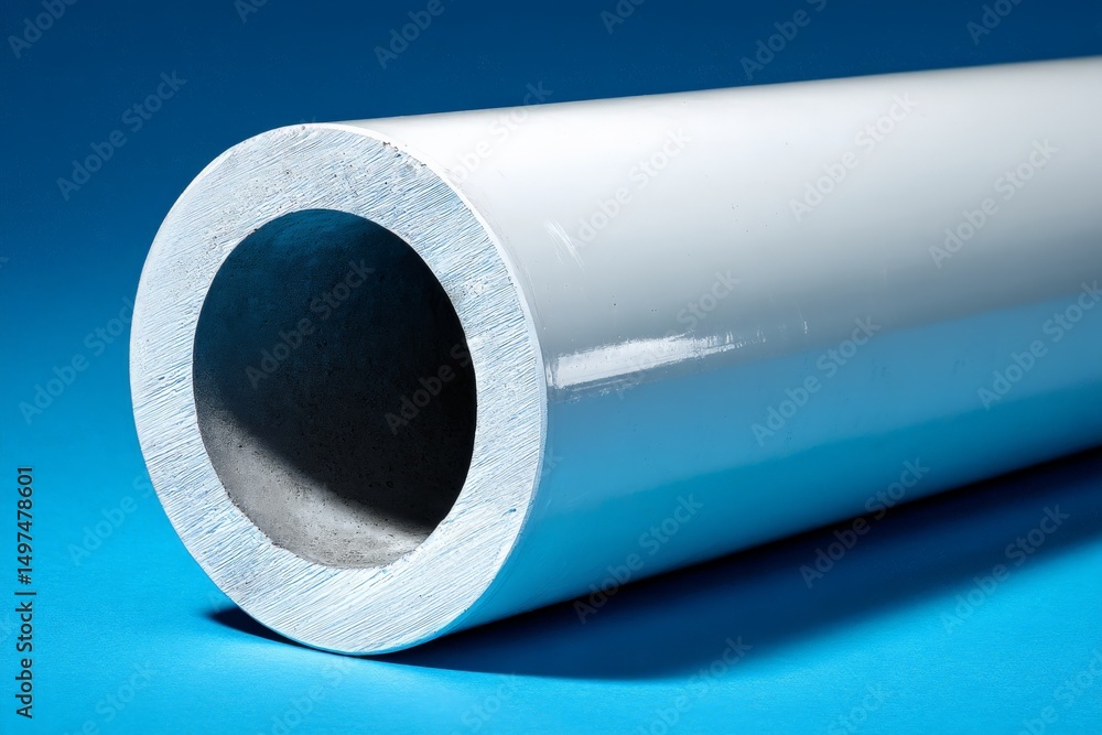 Poster white cylindrical pipe on a blue background, showcasing smooth texture and large internal diameter