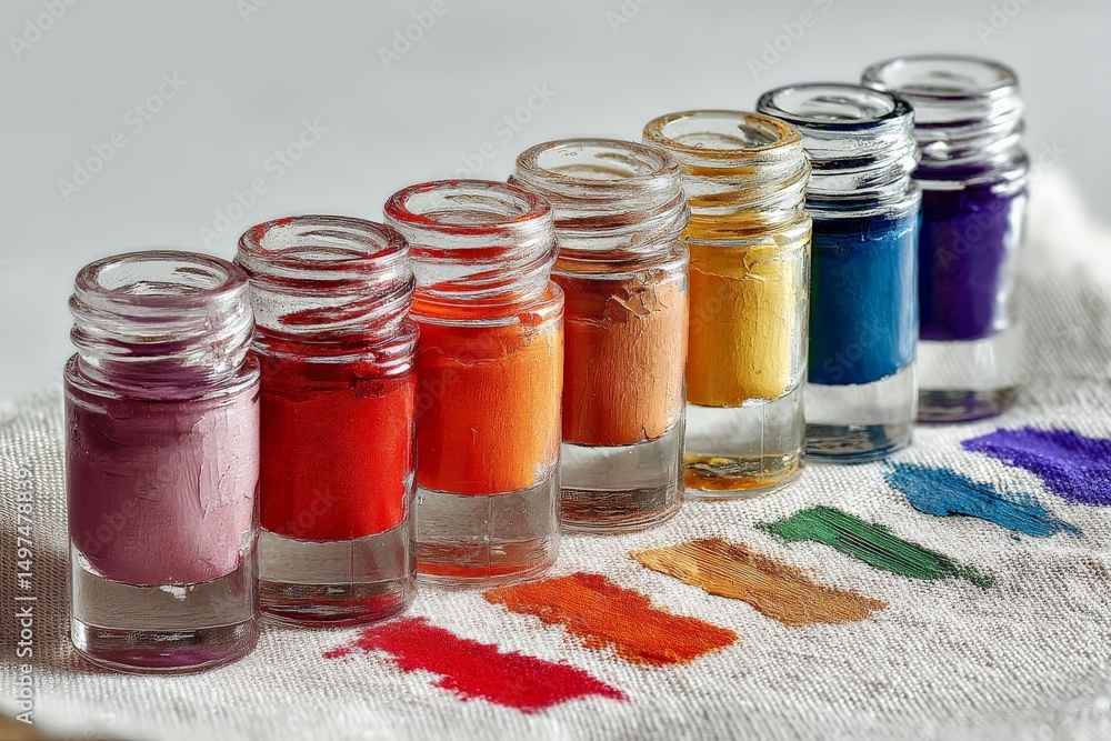 Aufkleber Colorful selection of paint jars arranged in a row with vibrant shades displayed on a canvas