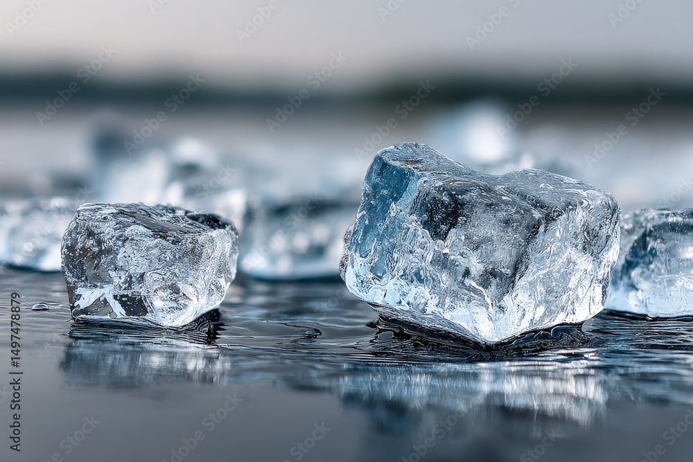 Aufkleber Ice cubes resting on a surface reflecting ambient light during a calm moment at a tranquil location