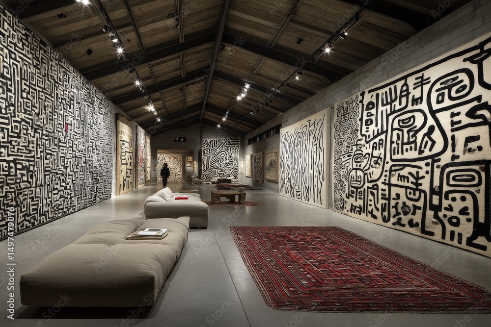 Poster modern art exhibition featuring abstract designs in a spacious gallery with warm lighting in the eve