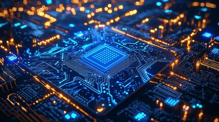 Obraz premium A captivating scene showcasing glowing technology amidst a blurred backdrop of a bustling city at dusk.