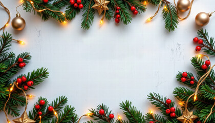 Festive arrangement of evergreen branches adorned with red berries, golden ornaments, and twinkling lights, creating warm holiday atmosphere