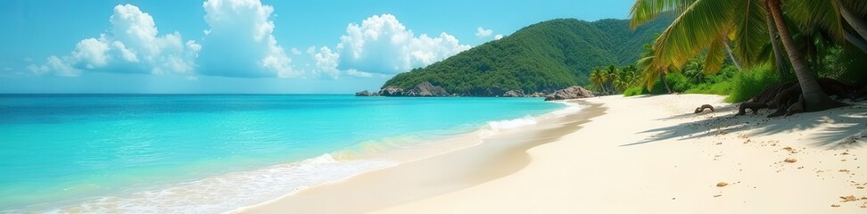 Sun-drenched sand, turquoise waves lap gently on shore, lush island backdrop ,  relax,  coast