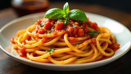 Thick spaghetti strands coated in a vibrant sauce, elegantly presented , red, food, pasta