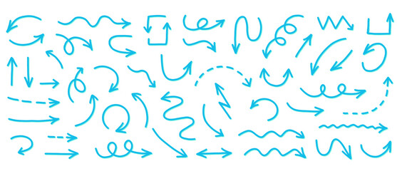 Blue Arrow Set Vector Collection on Transparent Background. Hand drawn arrows.