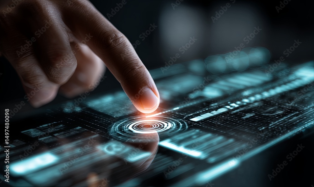 Aufkleber interacting with futuristic technology interface in a dark setting