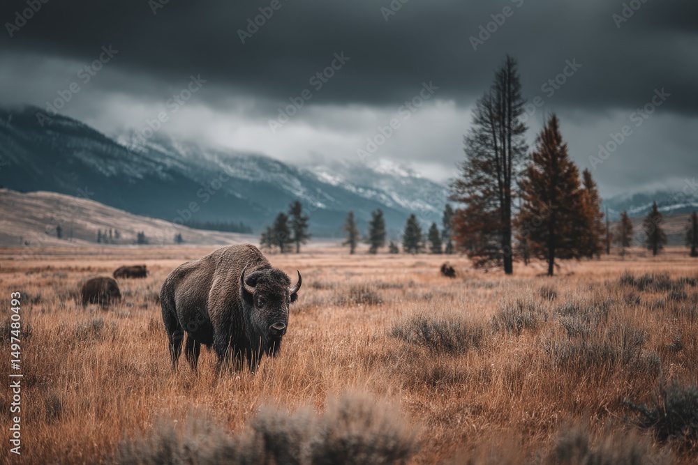 Poster bison grazing in a misty field with mountains in the background under a stormy sky