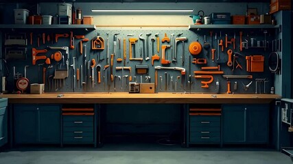 Organized workshop tools storage ideas for home improvement and diy projects inspiration tips. Organized workshop with tools. Tools hanging on workshop wall. Workbench in organized workshoP