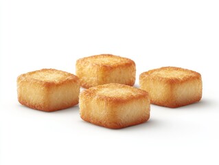 Four small, golden-brown, square snacks, against white