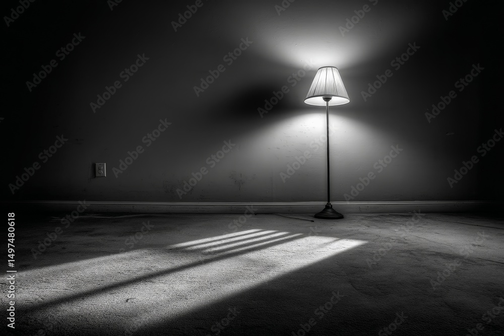 Poster Lamp casting shadows in an empty room during evening hours