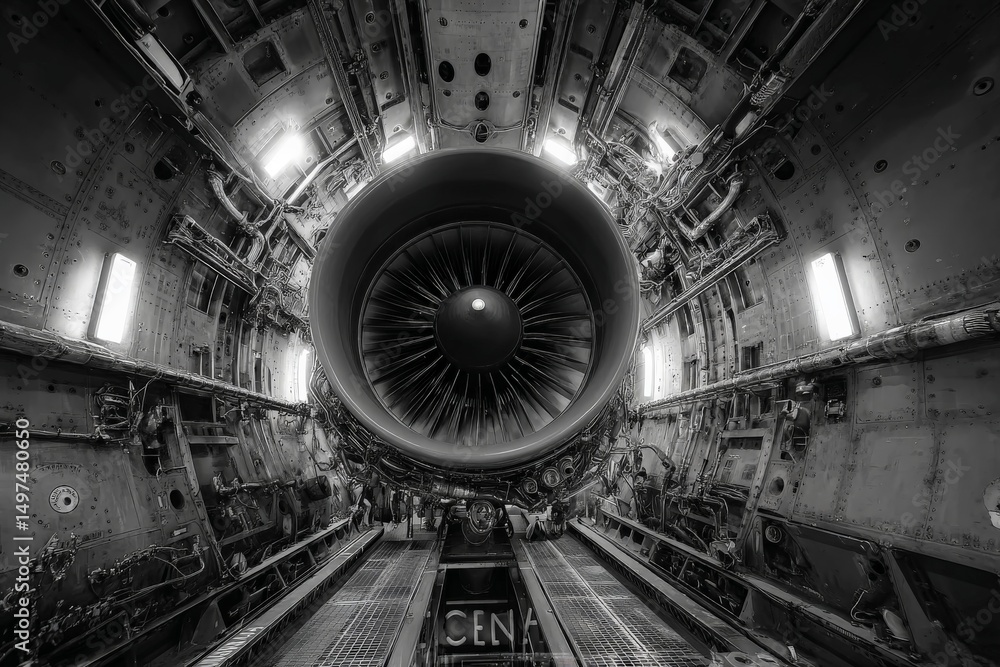 Poster Overview of a jet engine testing facility showcasing intricate designs and engineering marvels during daytime operations