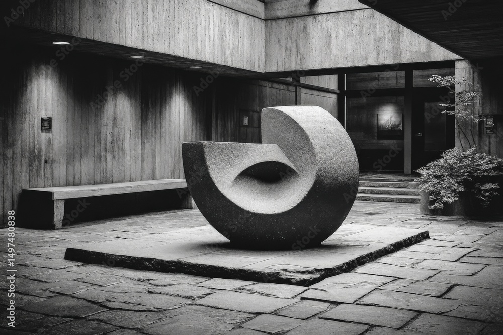 Poster modern sculpture displayed in a minimalist courtyard showcasing artistic design during daytime hours