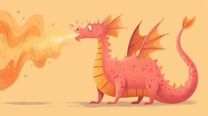 Fototapeta premium Cute Pink Dragon Breathing Fire Illustration