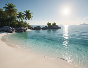 Fototapeta premium White sand, crystal clear water, distant island silhouette, sky, white sand, sea