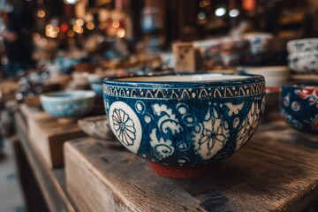 Colorful ceramic bowls on display at a market in the afternoon with warm lighting highlighting intricate designs