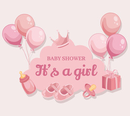 Baby shower greeting card with pink flat illustrations It's a girl