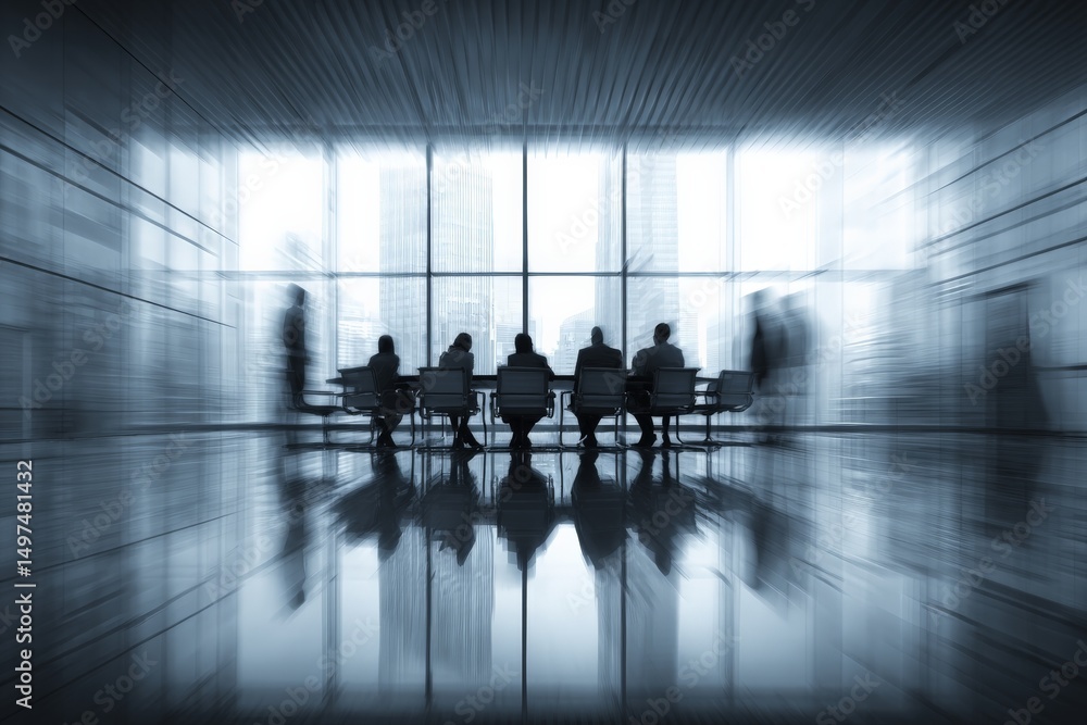 Poster people waiting in a modern office lobby with large windows and a city view during the day