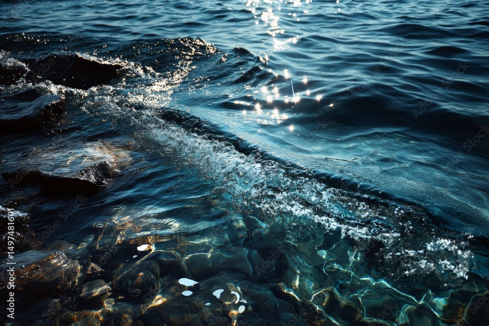 Poster waves gently lap against rocky shore under bright sunlight, creating a sparkling surface on clear wa