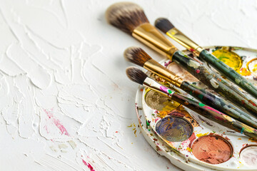 Obraz premium A close-up of a paint palette with various colors and several paintbrushes resting on it, set against a textured white background.