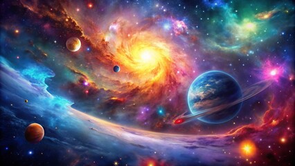 Cosmic Dance of Planets, Nebula, and Stars, Digital Art, Space Art, Astronomy, Galaxy