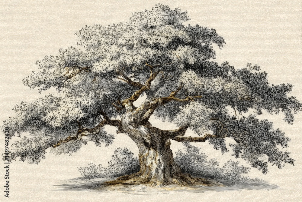 Poster majestic tree with intricate roots and branches captured amidst a serene backdrop in late afternoon 