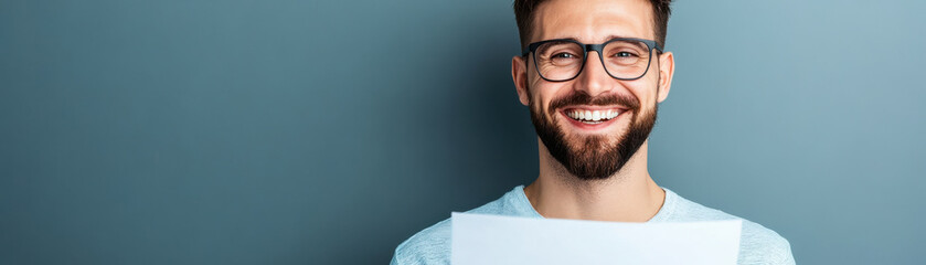 Obraz premium Smiling man holds document against blue background, radiating happiness and confidence