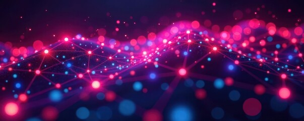 Abstract glowing neon grid, digital nodes connect , lines, dark