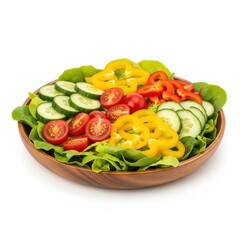 salad with vegetables in wooden plate isolated white background