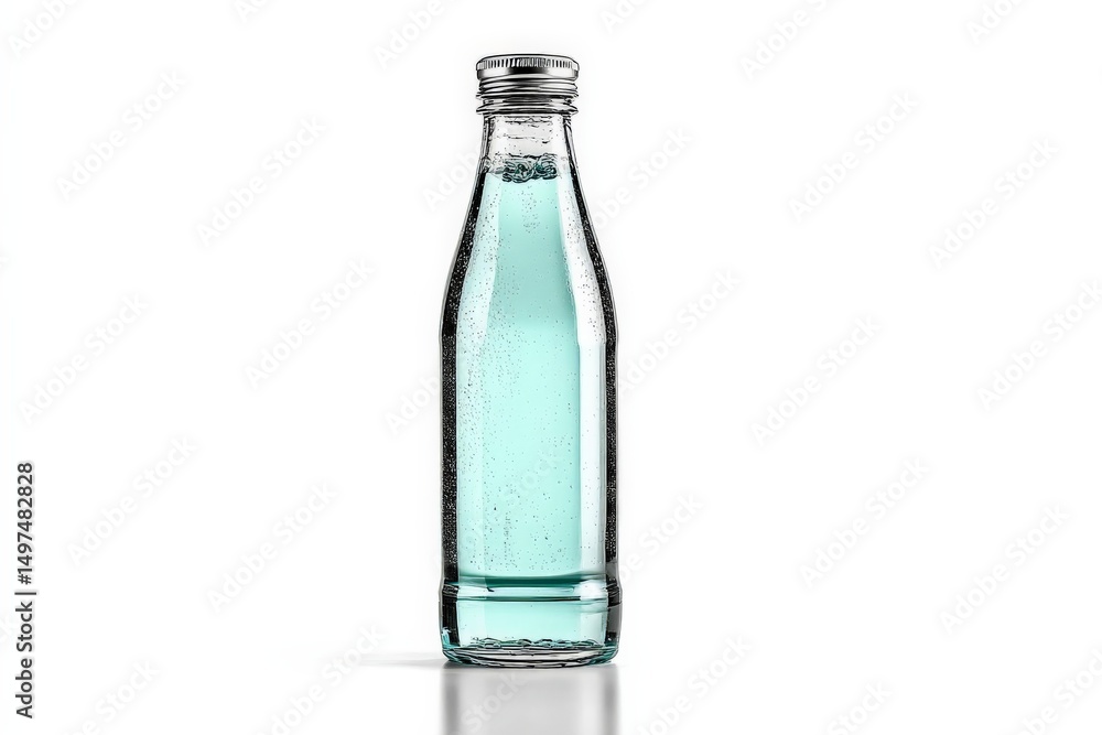 Poster Sparkling water bottle with bubbles displayed on a clean surface