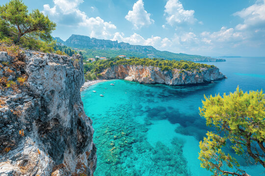 A scenic representation of Antikythira, highlighting its natural beauty and historical landmarks