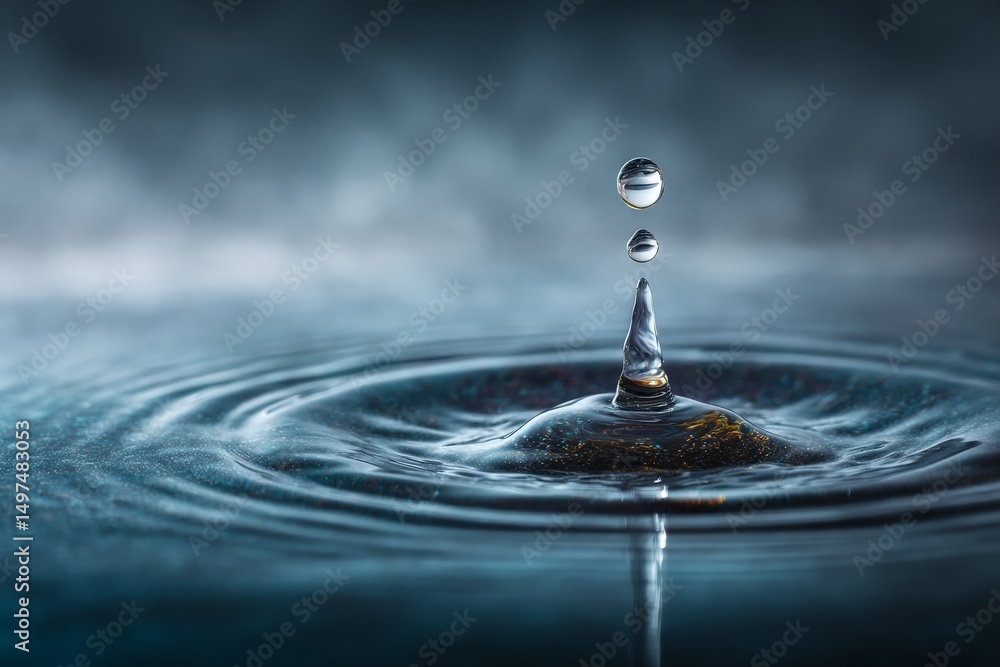 Aufkleber Water droplet creating ripples on a calm surface in a tranquil setting during a soft light moment