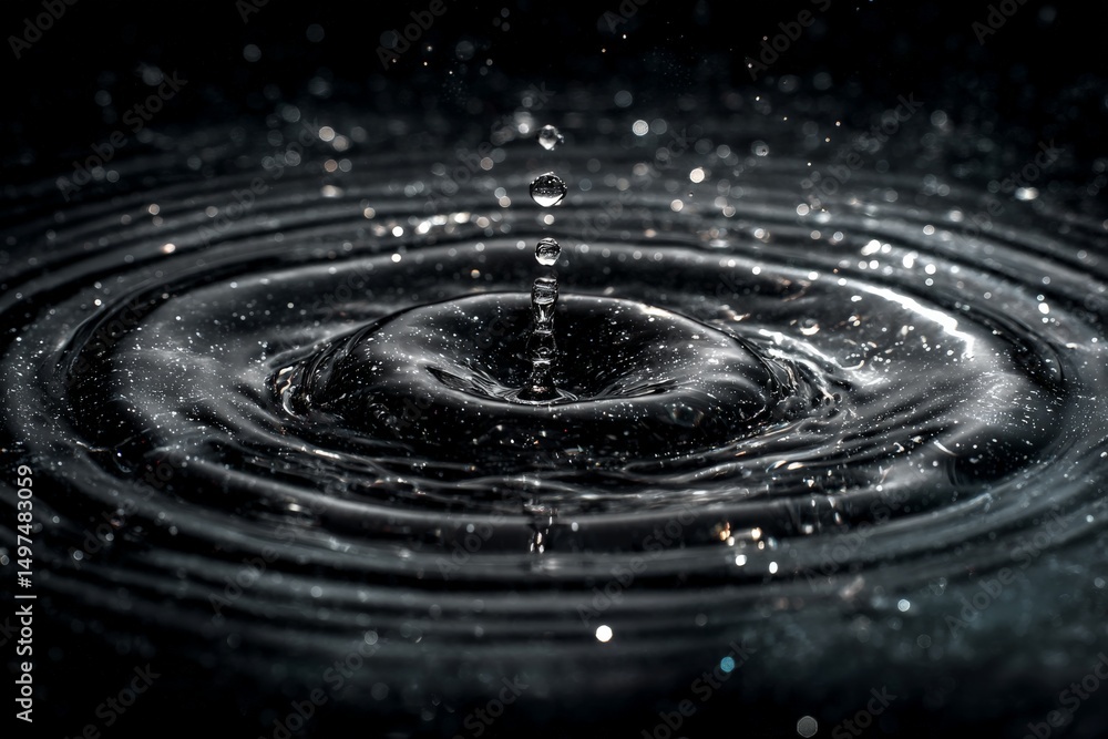 Poster Captivating water droplet creating ripples in dark setting with sparkling highlights