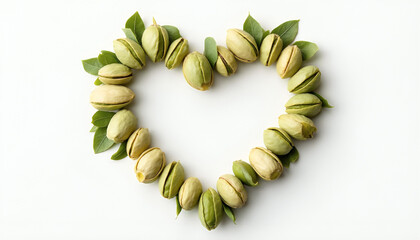 Obraz premium Heart symbol made of green leaves and nuts on white background