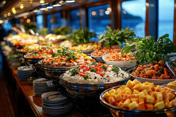 A vibrant scene depicting a cruise ship buffet filled with various delicious dishes and cuisines